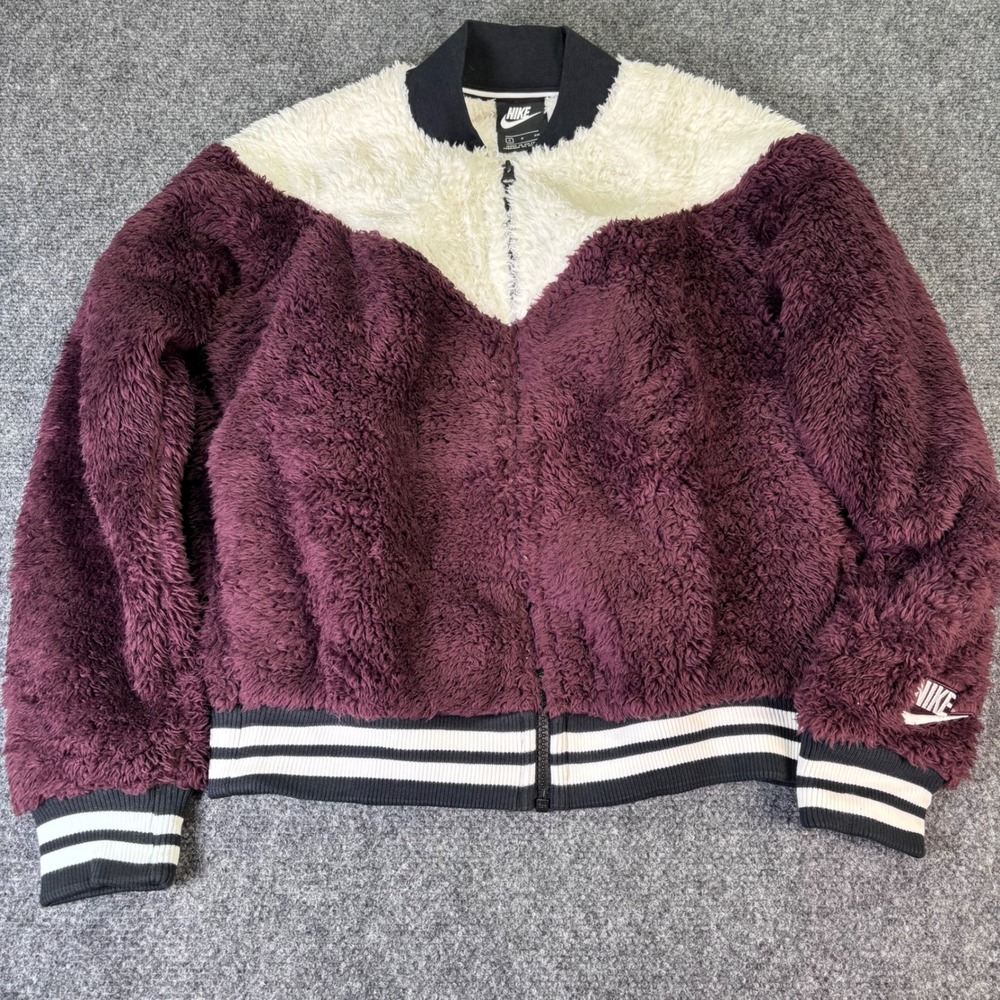 Nike Sherpa Fleece Bomber Jacket Womens Small Burgundy Cream Zip Up BV3623-677